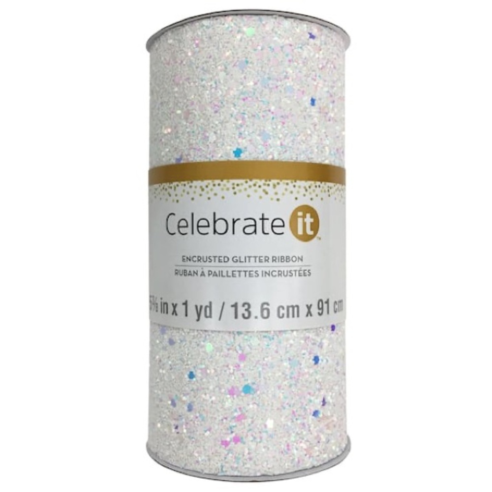 Celebrate It Glitter Ribbon - White Sparkly Ribbon for Crafts, Wedding Decor